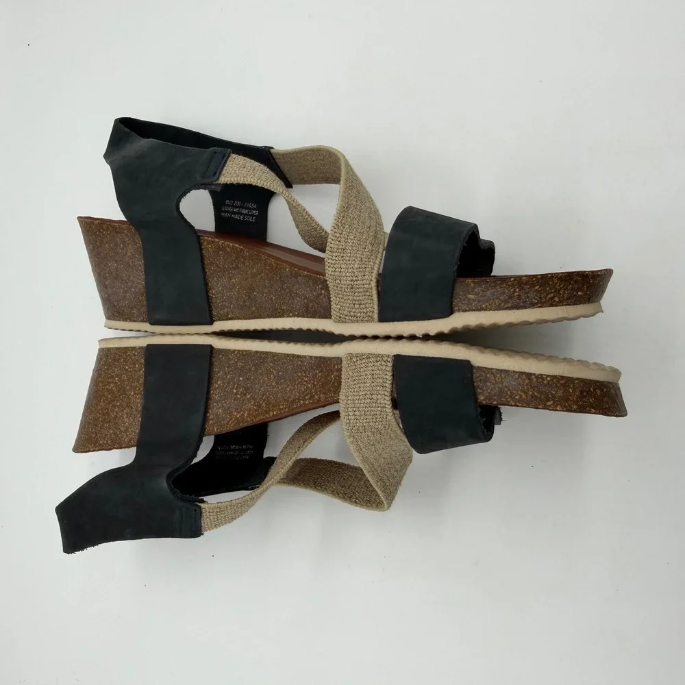 Bio Bio Leather Fabric Wedge Sandals Black Tan Strappy Cork 8 BIO 201-77634